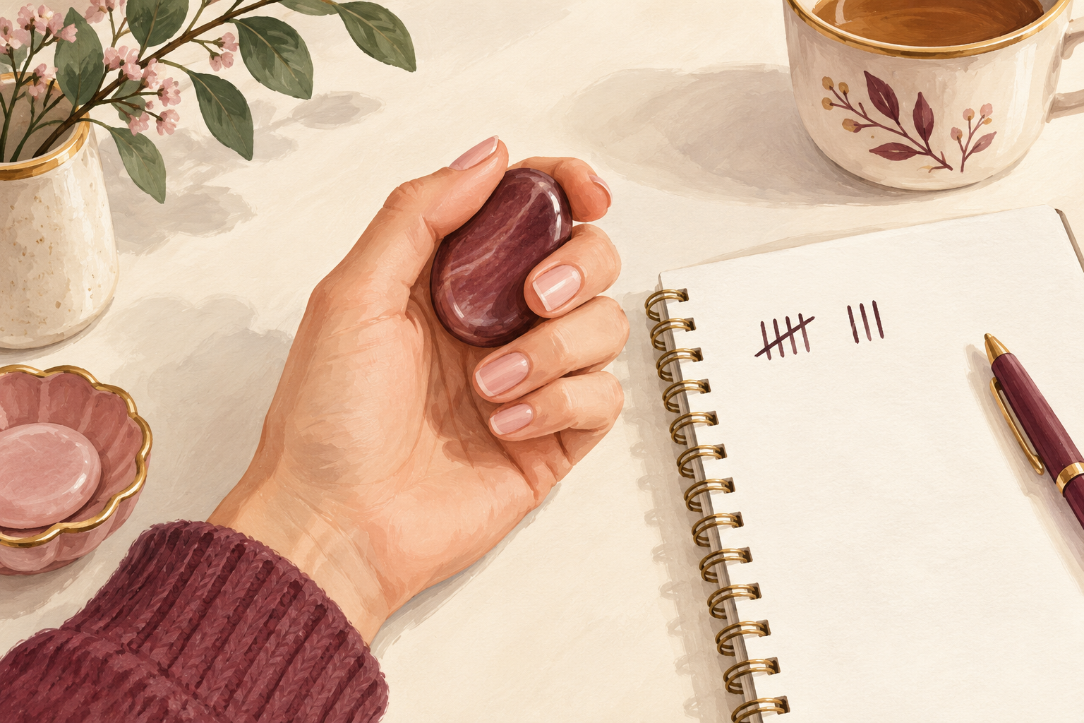 A hand holds a smooth worry stone beside a notebook with tally marks.