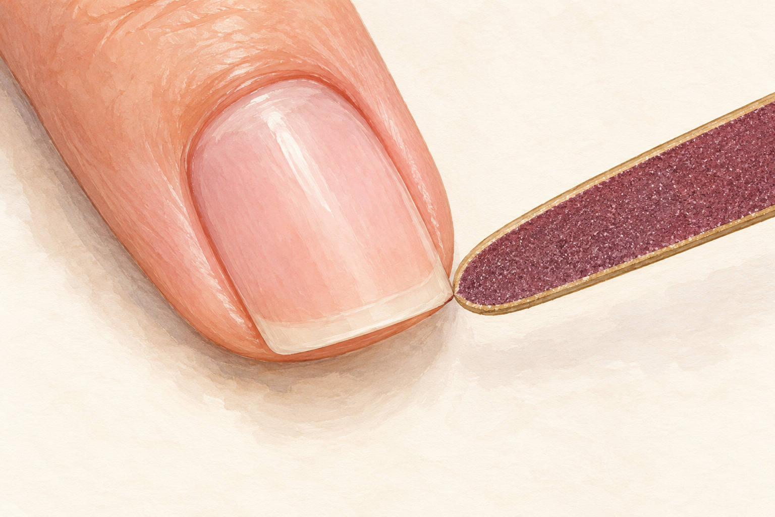 A fine file touches one sharp outer corner of a natural nail, leaving most of the edge straight.