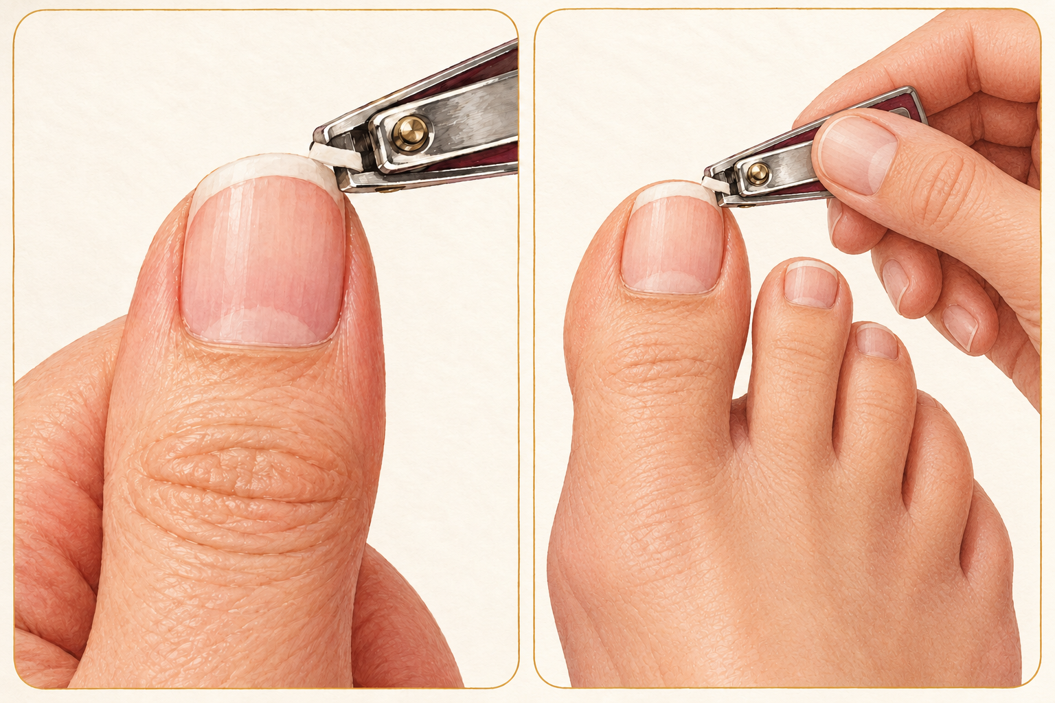 Separate close views show small clipper bites at the white edges of a thumb and a big toenail.