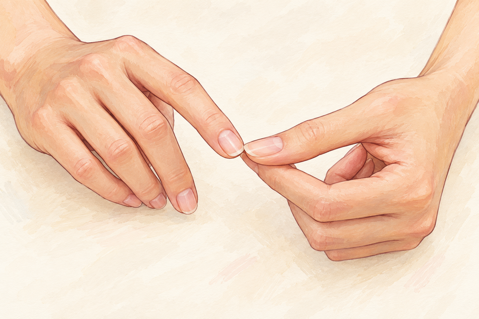 A fingertip gently feels along the edge of a freshly trimmed natural nail.