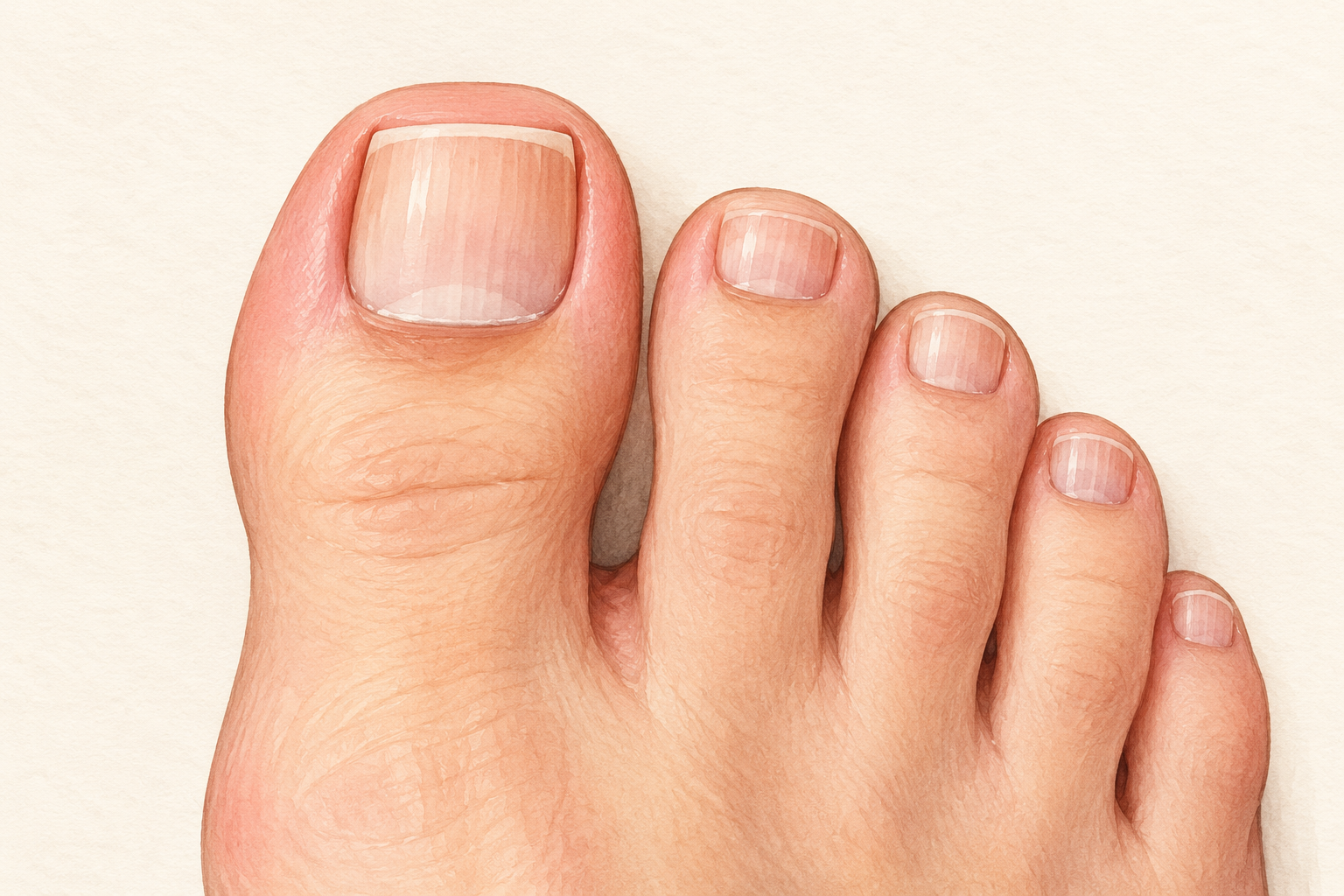 A natural toenail is trimmed nearly straight across with only softly eased corners.