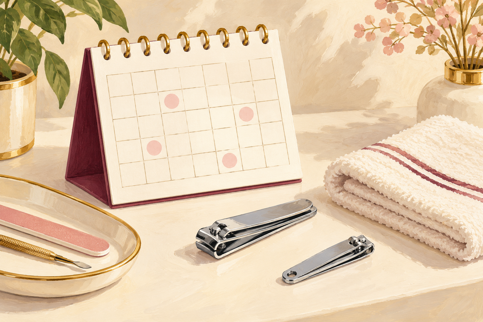 A blank calendar and clean nail clippers sit beside a folded towel.