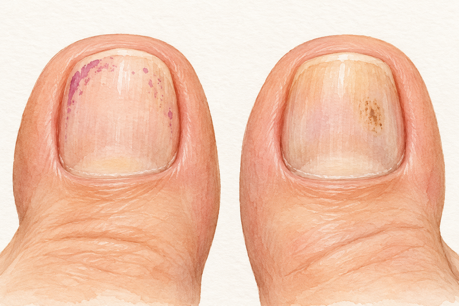 Two attached toenails show faint polish residue and a small superficial old mark.