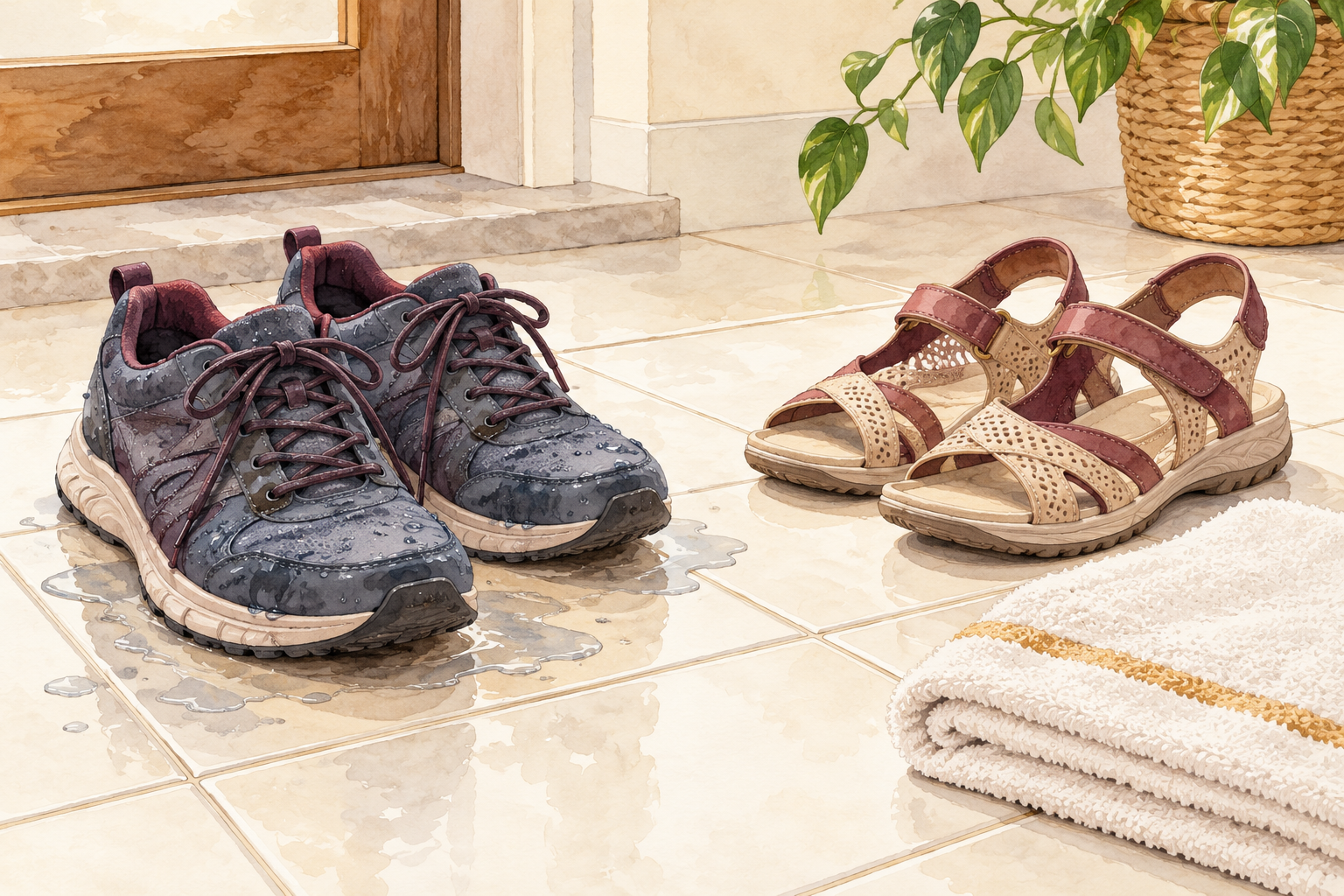 Damp closed shoes sit beside airy sandals and a towel on a tiled floor.