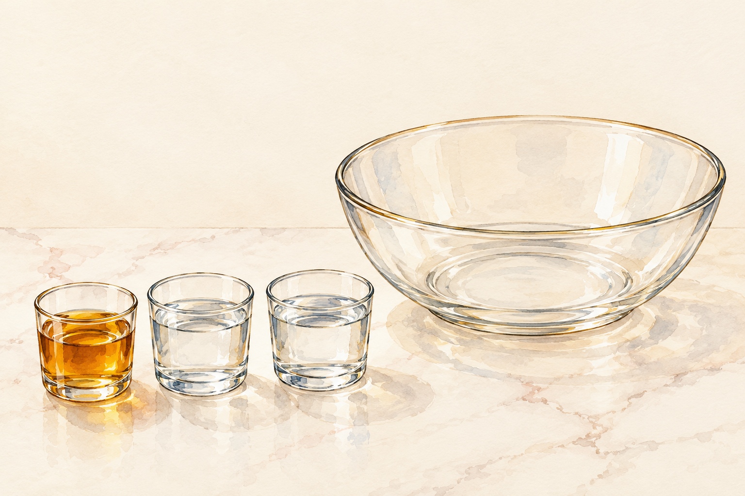 One small measure of amber liquid and two equal measures of water sit beside an empty soak bowl.