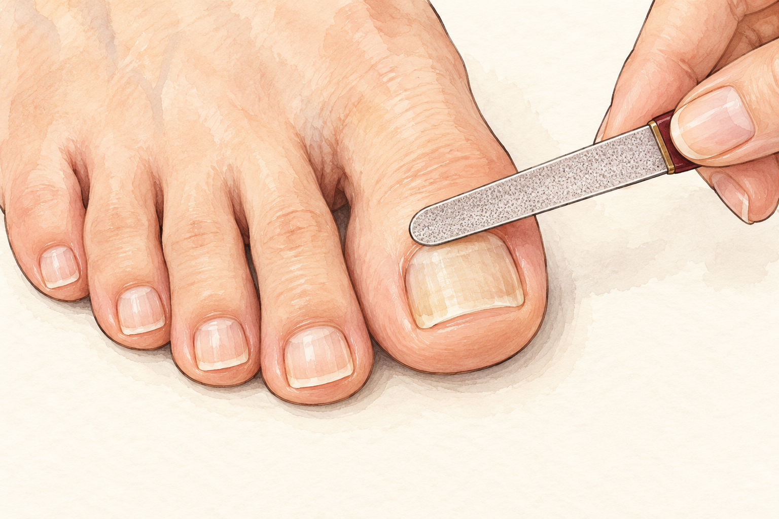 A fine file lightly touches the top surface of an attached big toenail on the forefoot.