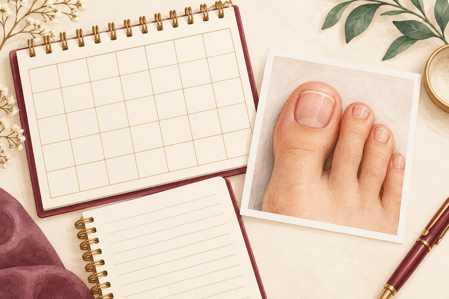 A blank tracking calendar and notebook sit beside a reference photo of natural toes.