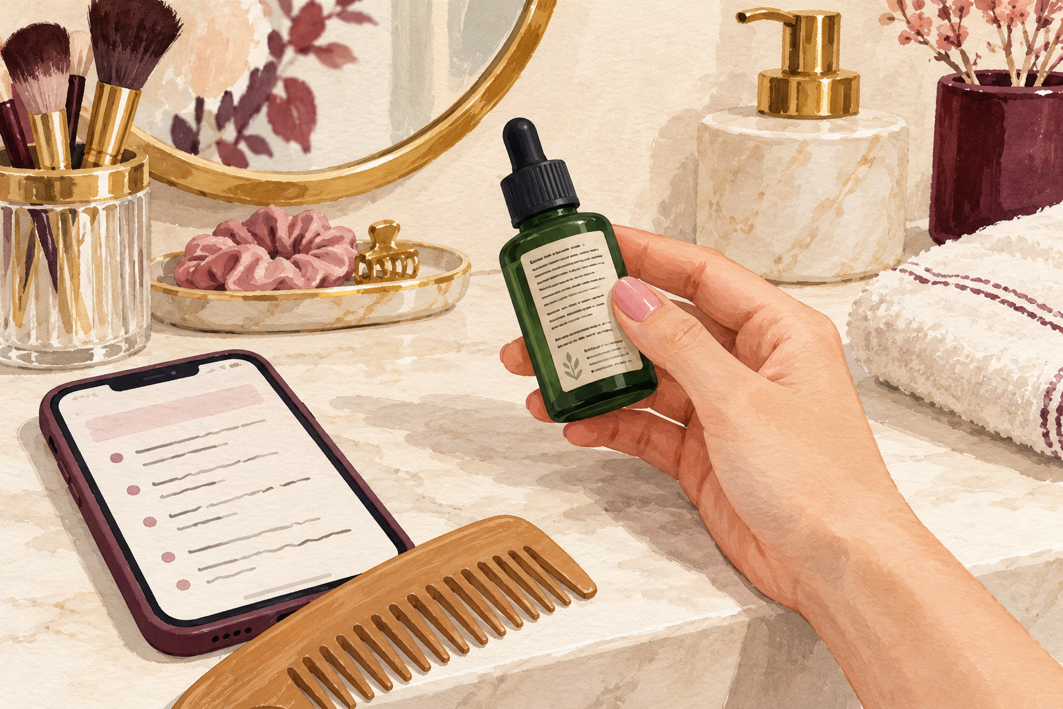A hand holds a short green dropper bottle with its back panel facing up beside a notes phone and comb.