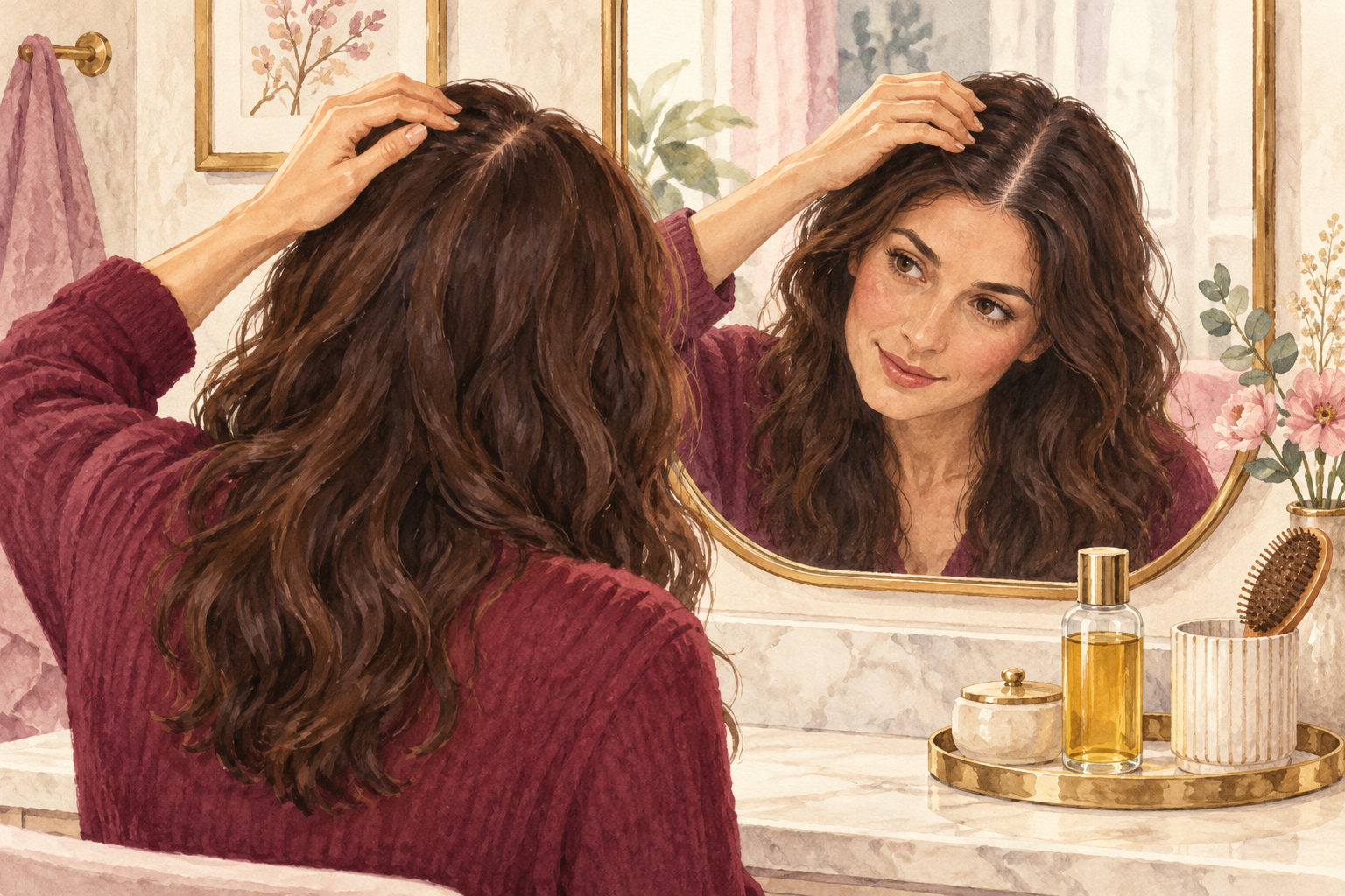 A woman checks her scalp part in a mirror with a capped bottle nearby.
