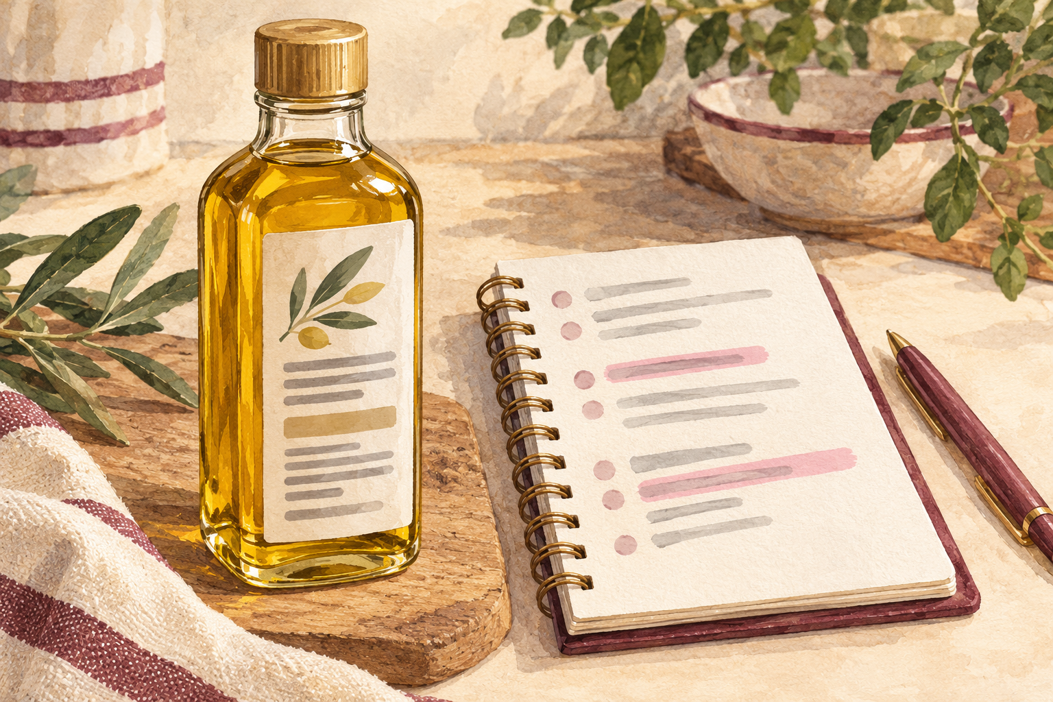 A capped bottle with abstract label rows sits beside a notebook with highlighted marks.