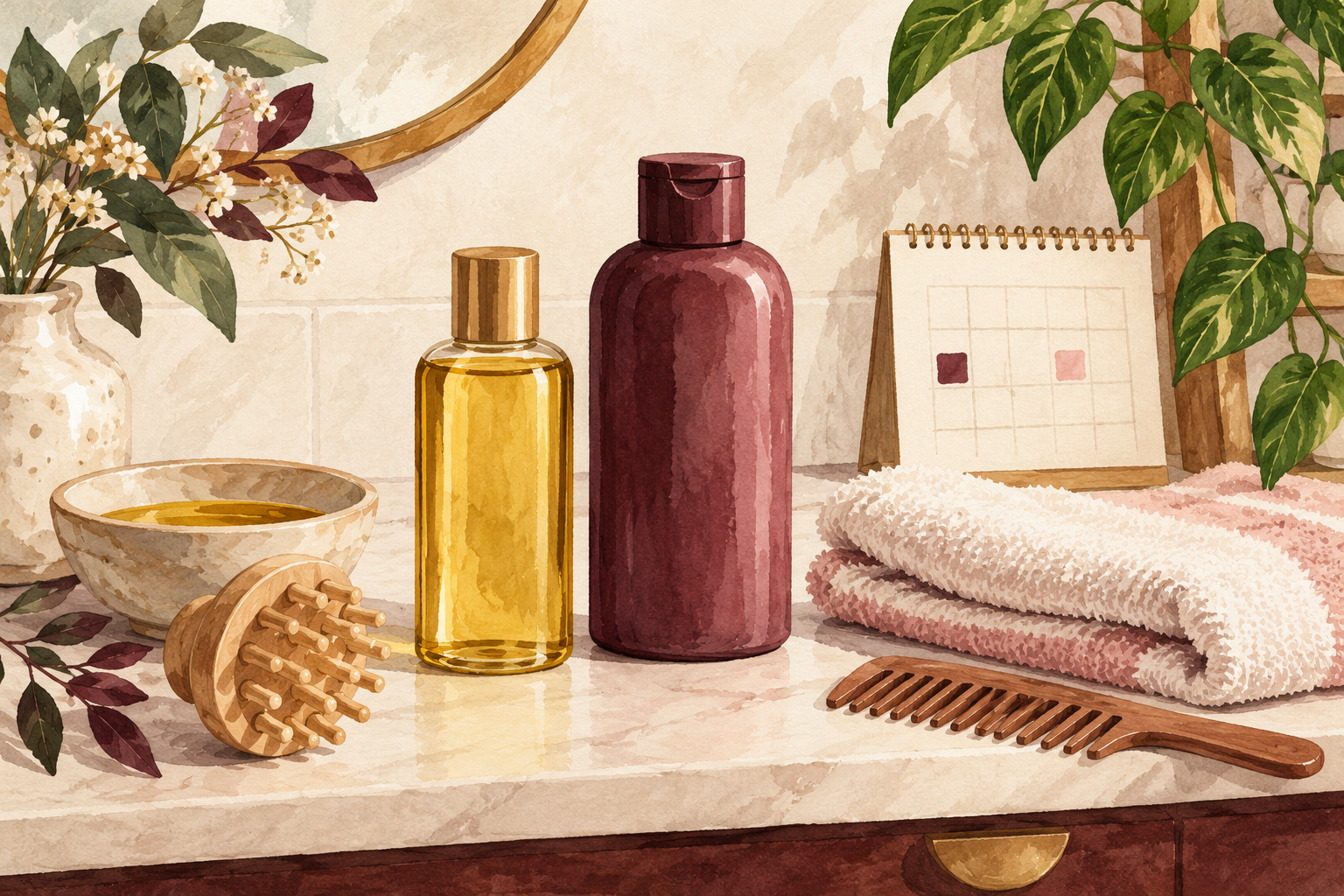 Two unlabelled bottles, a bowl, brush, comb, folded towel and calendar with two marked squares sit on a counter.