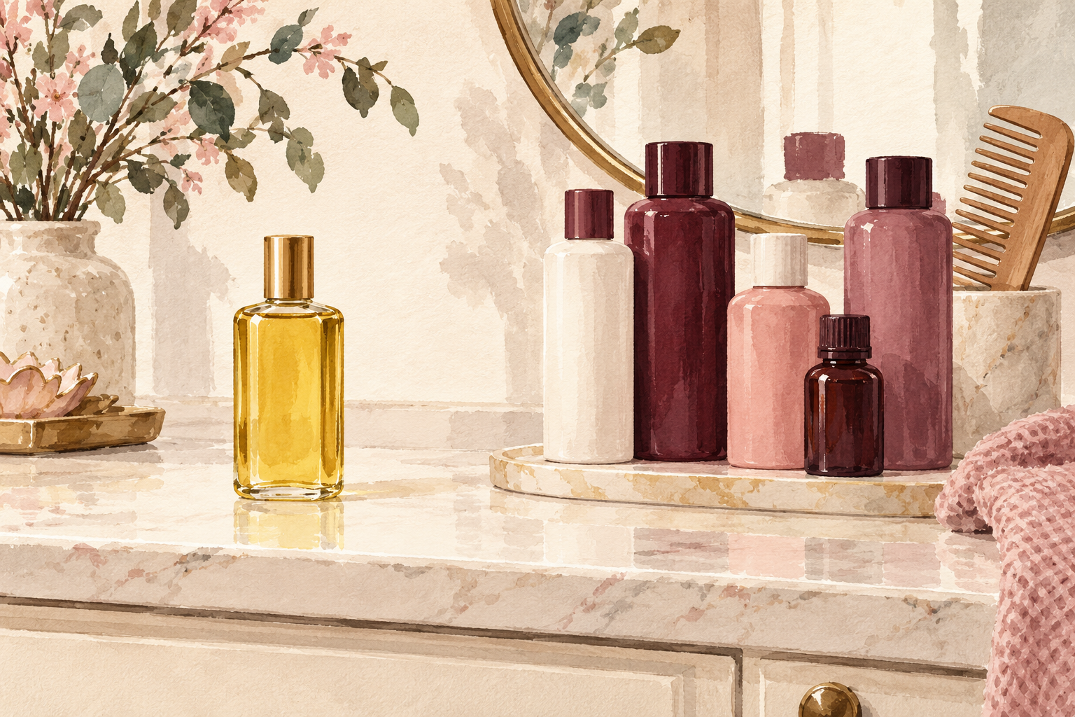 One amber bottle stands apart from several other bottles on a vanity.