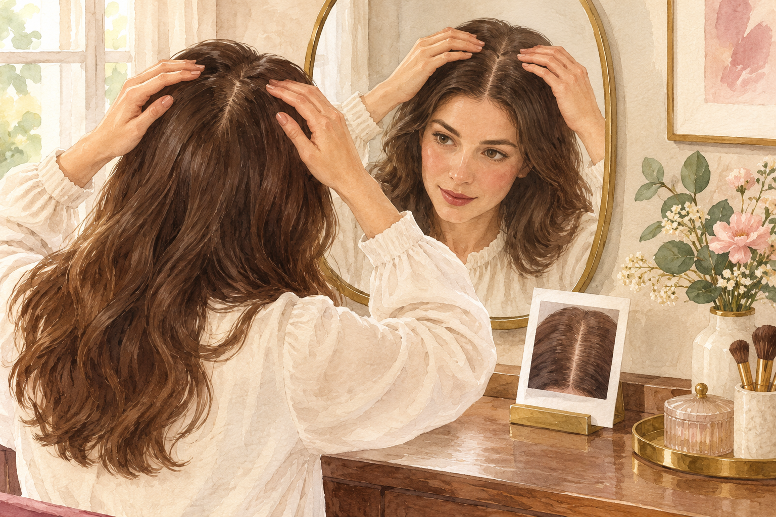 A woman checks her scalp part in a mirror beside one small reference photo.