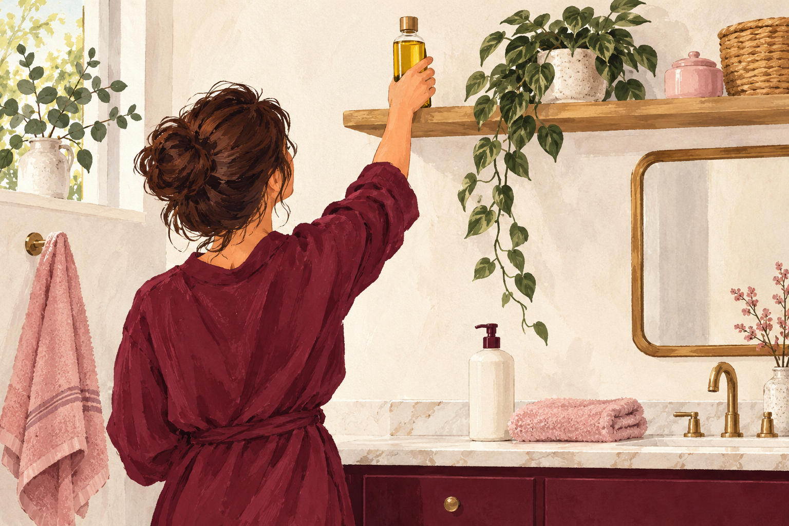 A woman puts a capped bottle on a high shelf above a shampoo bottle and folded towel.