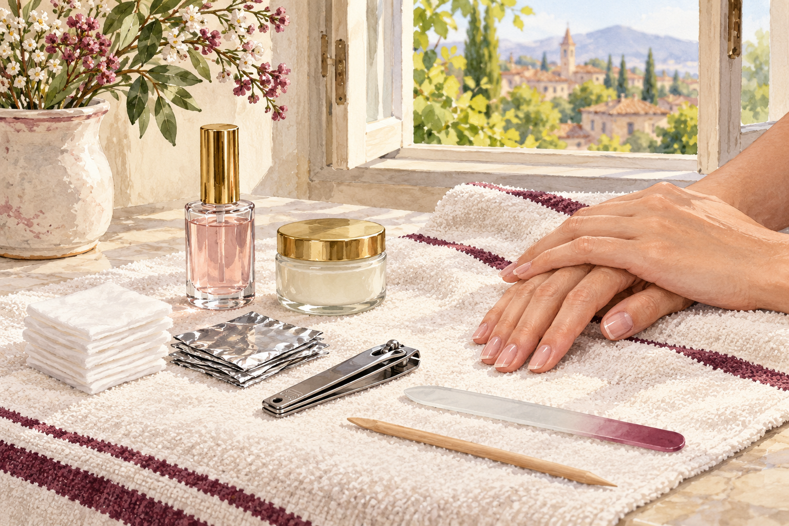 Hands rest beside a towel-covered nail kit by an open window, with cotton, foil, clippers, a file, a wooden stick, a jar and an unlabelled bottle.