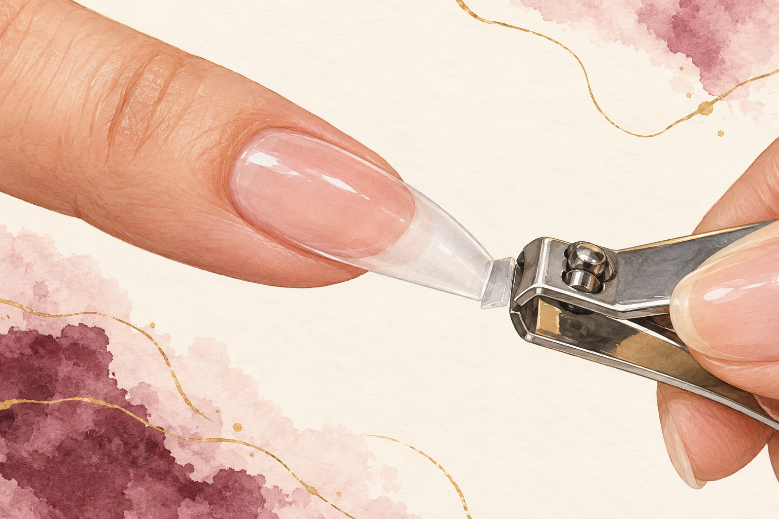 Clippers touch the clear artificial tip extending beyond a natural fingernail.