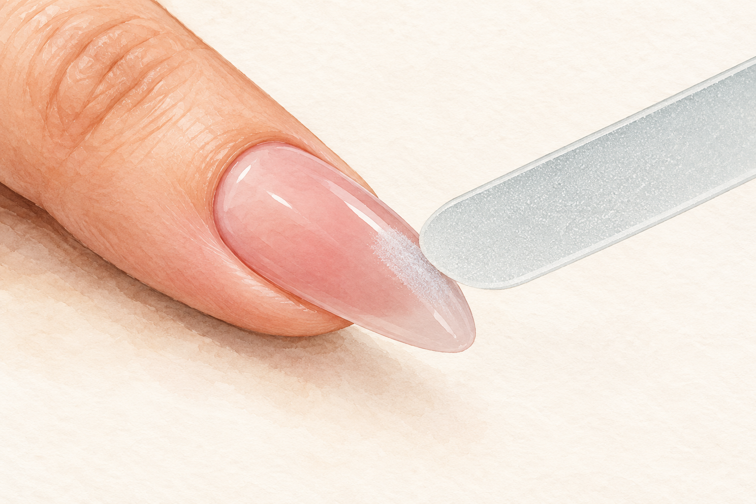 A glass file touches the surface of a long clear artificial nail.