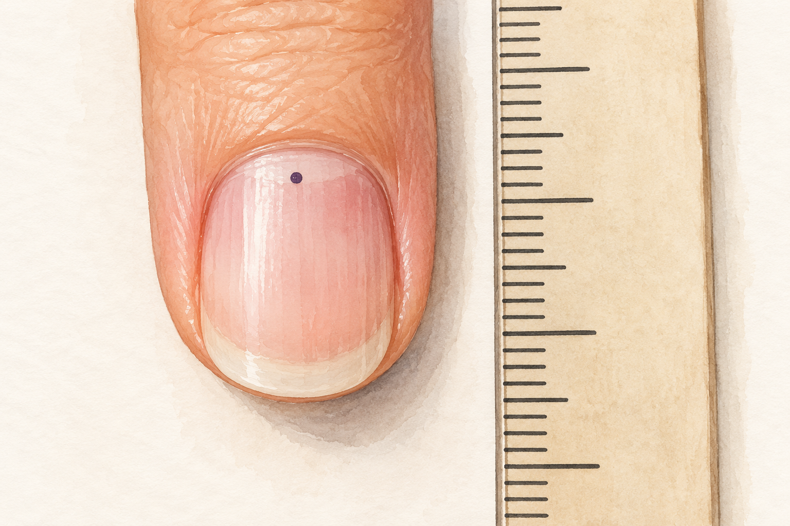 A tiny pen dot sits near the cuticle of an attached natural nail beside a plain ruler.