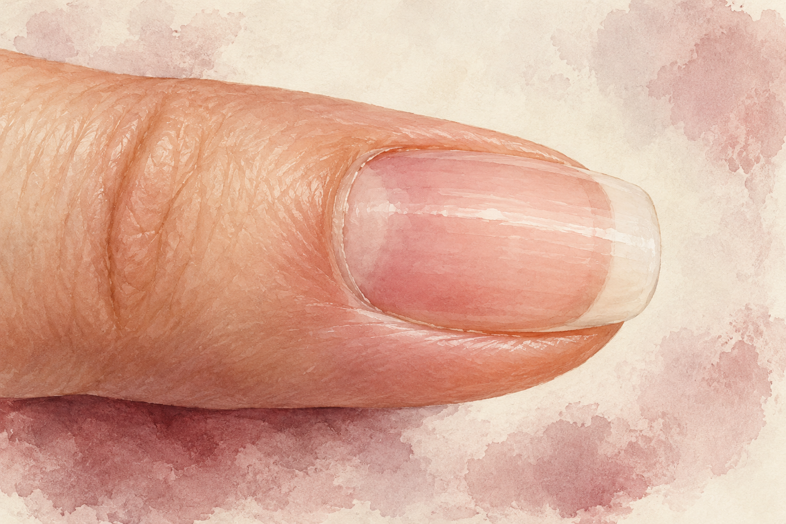 A side view shows the pink nail bed beneath the nail plate and a short white free edge, with intact surrounding skin.
