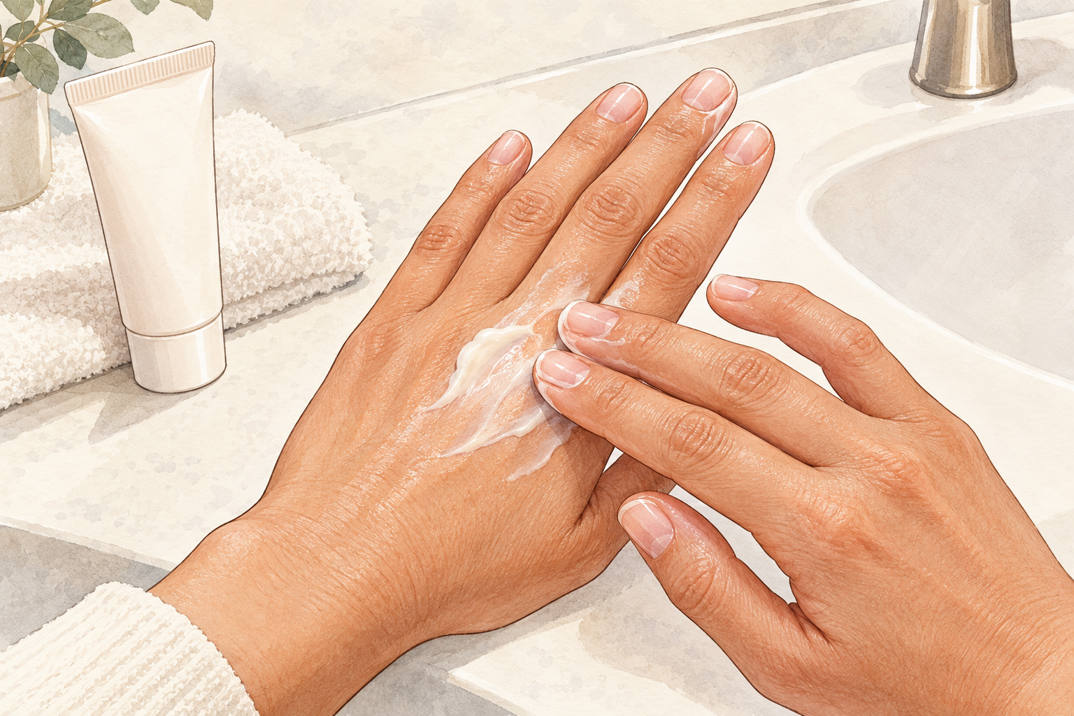 A woman massages rich hand cream over the backs of her hands and around her natural nails after washing.