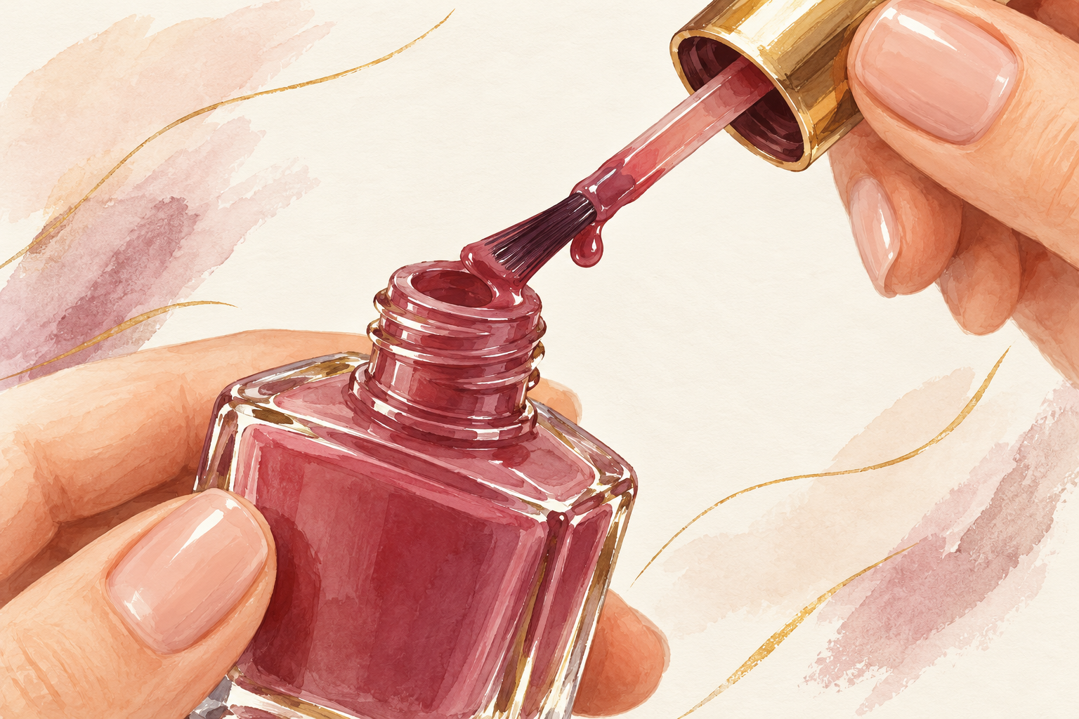 A polish brush touches the bottle neck with a drop of polish hanging from one side.