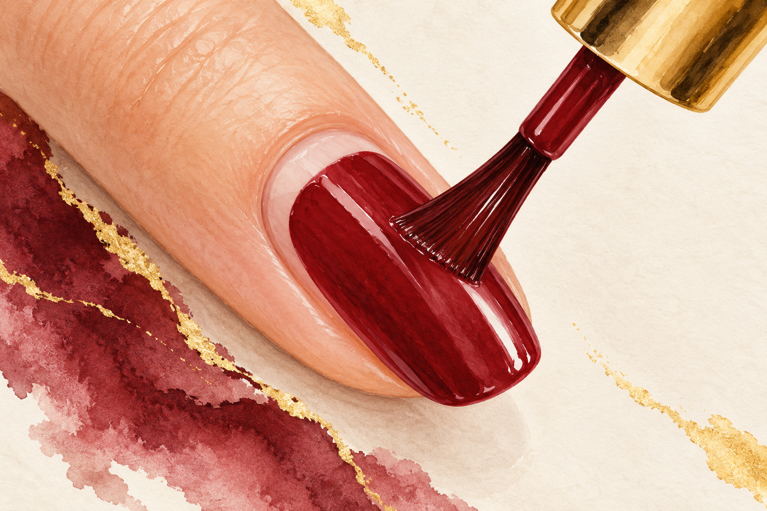 A brush applies wine-colored polish to a natural nail with a clear gap beside the cuticle.