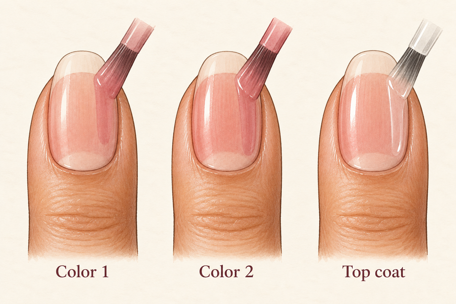 A sequence shows a thin sheer rose polish layer, another light layer, and a clear top coat.