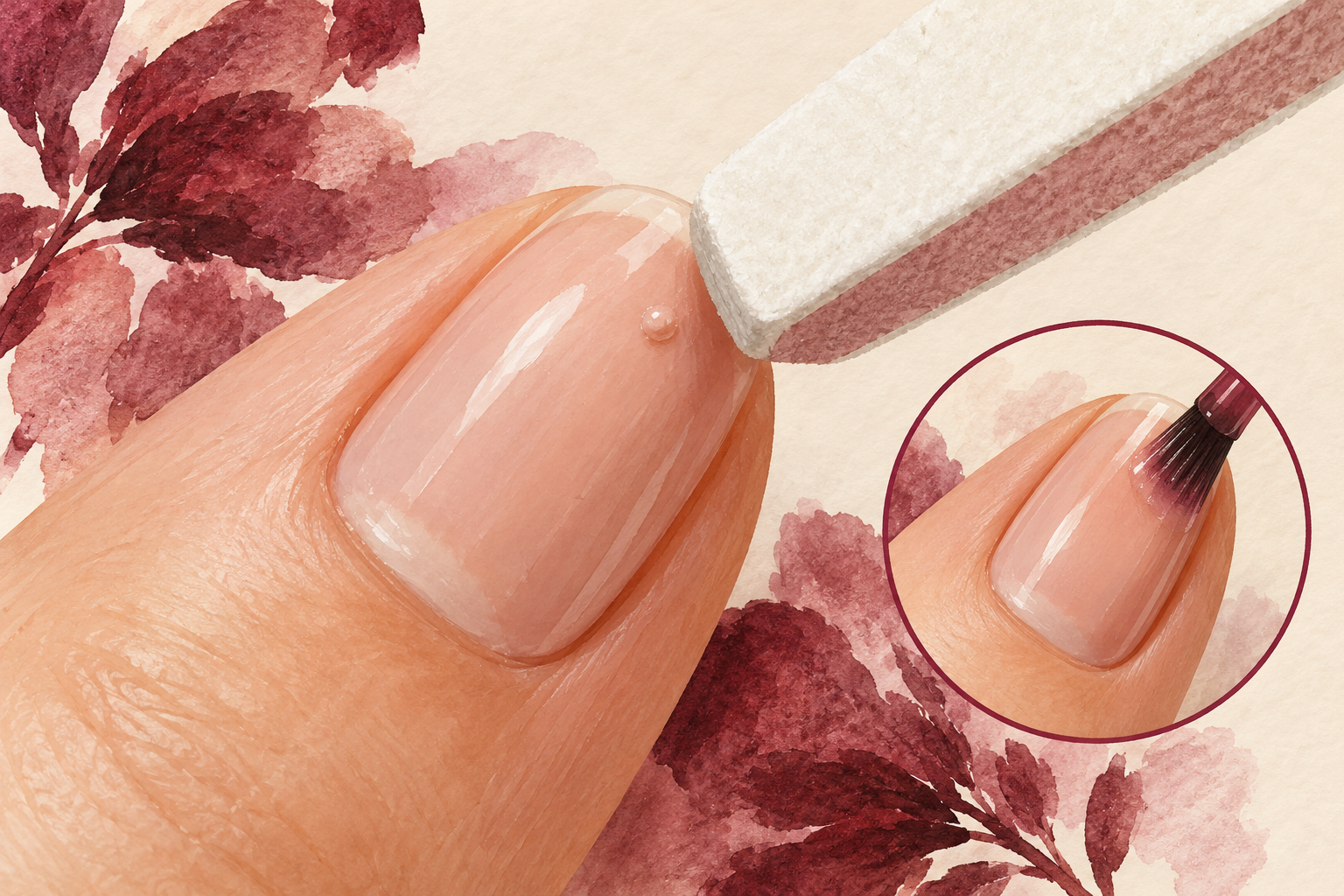 A soft buffer is held beside a small raised polish bump, with an inset showing a thin follow-up coat.