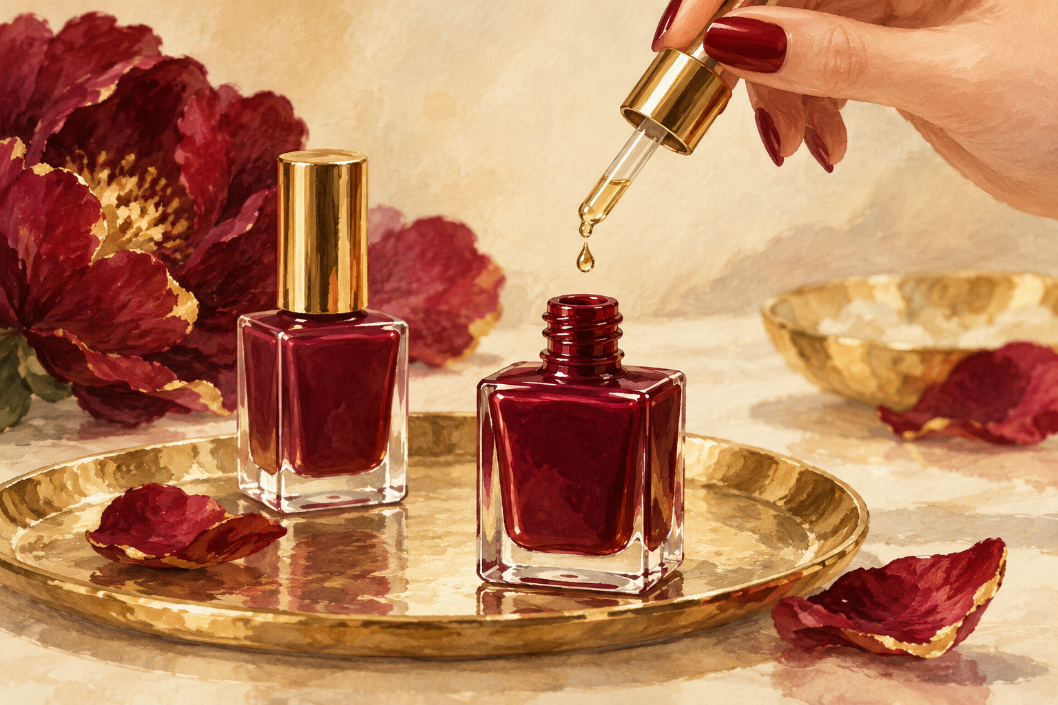 An unlabelled dropper releases drops toward an open wine-colored polish bottle beside a closed bottle.