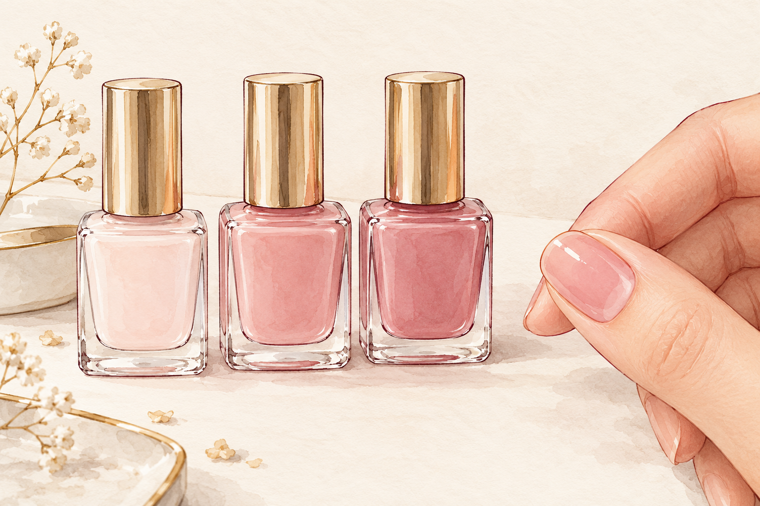 A milky pale polish and two related rose shades sit beside a natural nail.