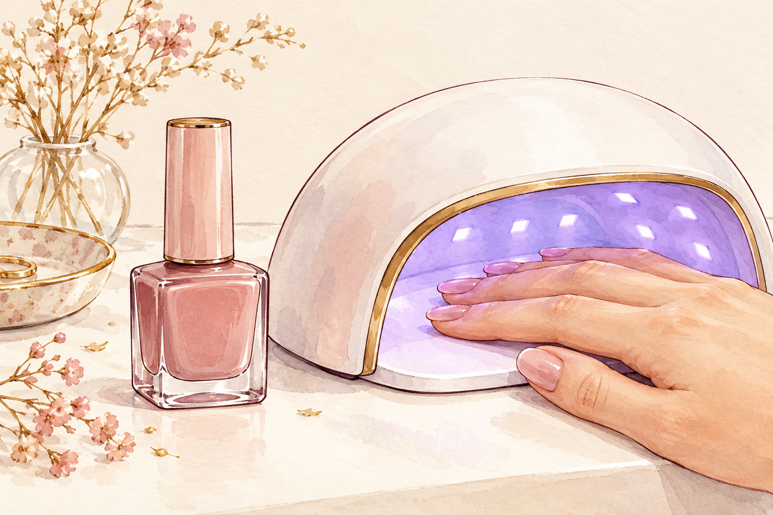 An unbranded gel polish bottle sits beside a UV/LED nail lamp.