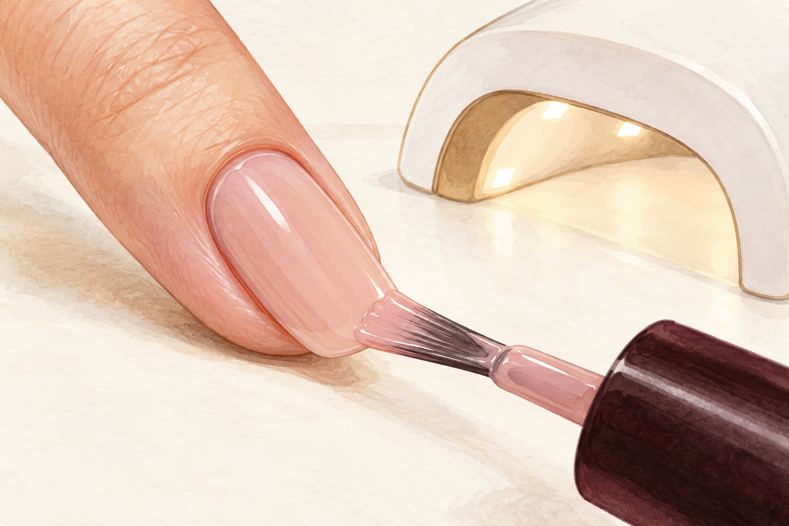 A brush applies pale rose polish to an attached natural nail beside a nail lamp.