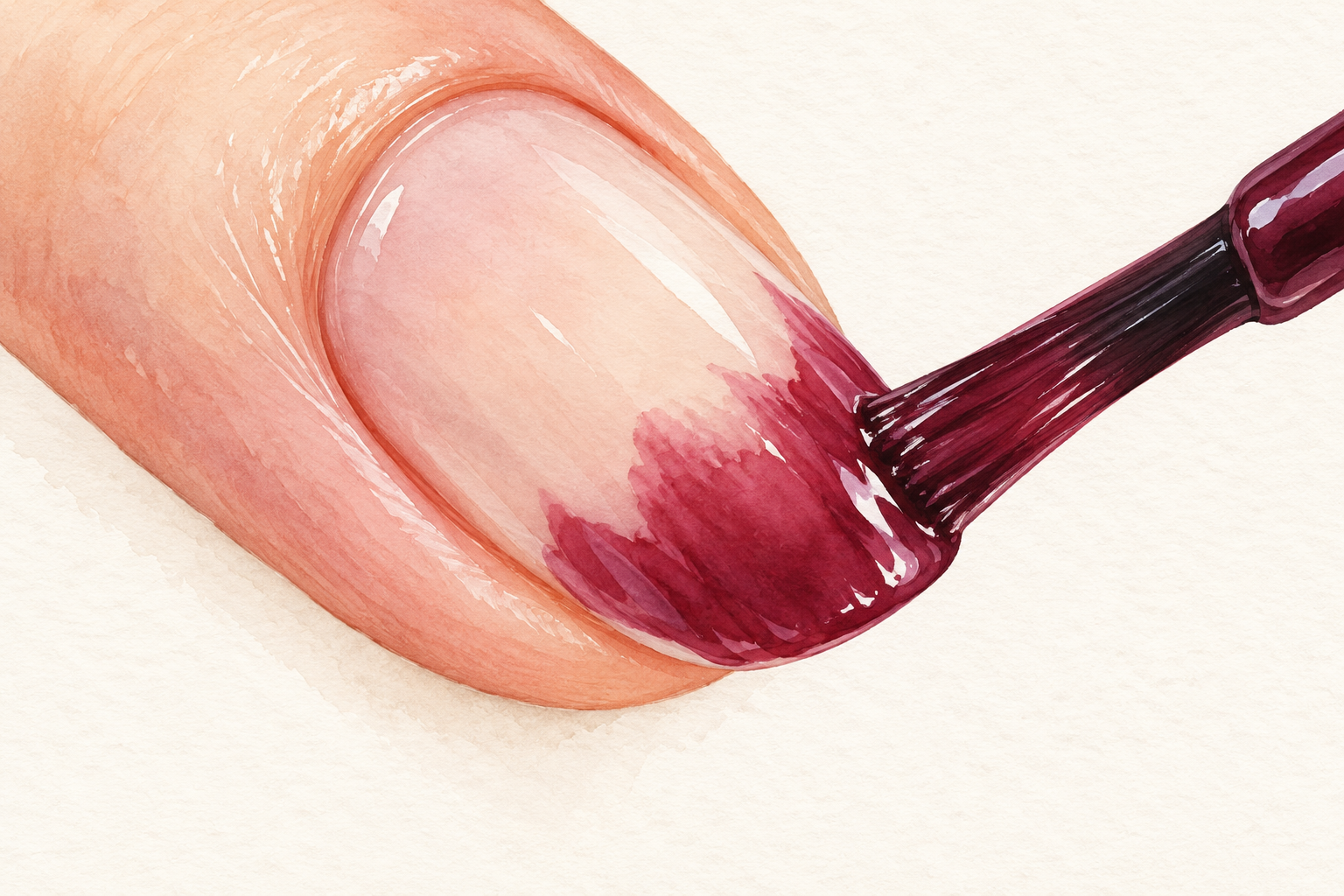 A brush applies berry polish across the outer portion of an attached natural nail.