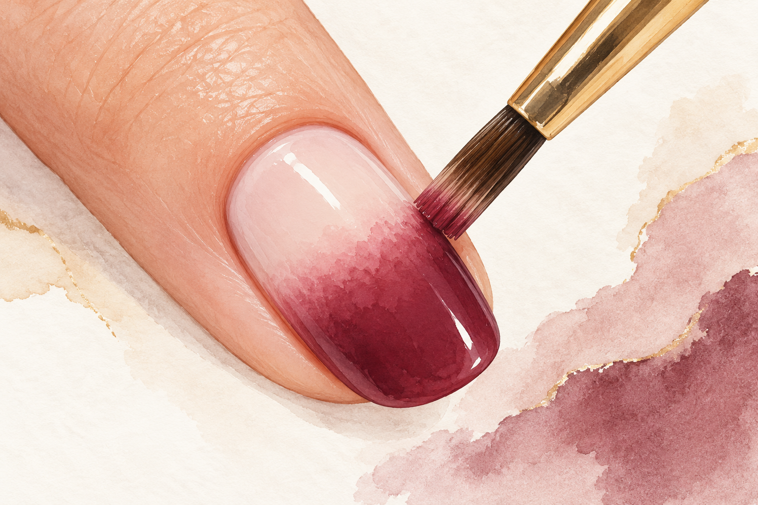 A flat brush touches the boundary between pale and berry polish on a natural nail.