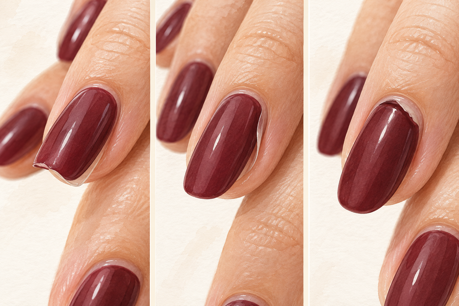 Three close views show press-on nails with lifting at a corner, along a side, and near the cuticle end.
