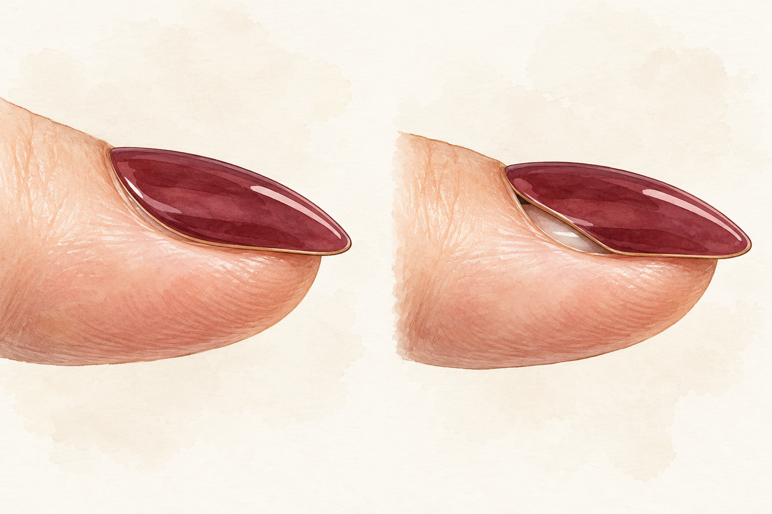 Two side views show a press-on that follows the natural curve and one with a small side gap.