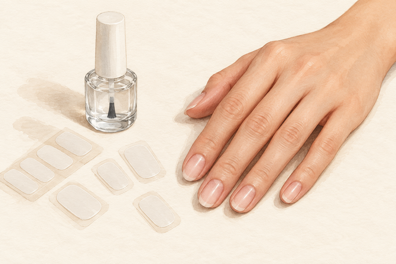 An unlabelled capped bottle and adhesive tabs sit beside a bare hand.