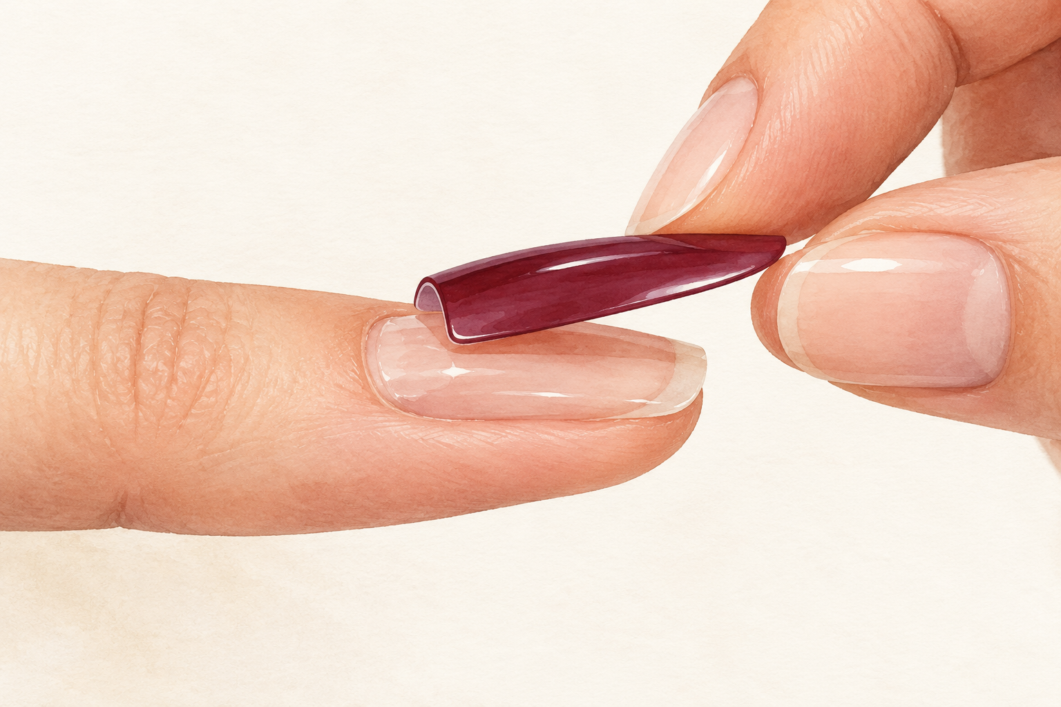 A dark artificial nail is positioned above an attached natural nail, with its rounded base near the cuticle end.