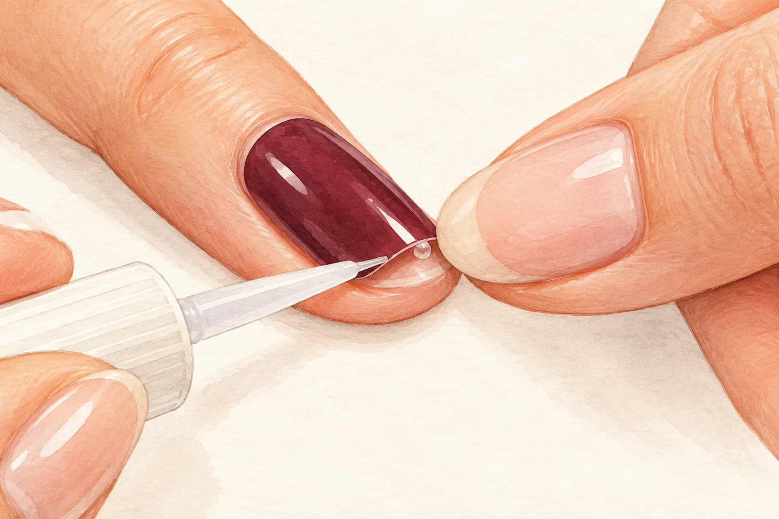 A tiny glue drop is placed under a lifted artificial nail corner while a fingertip presses it down.
