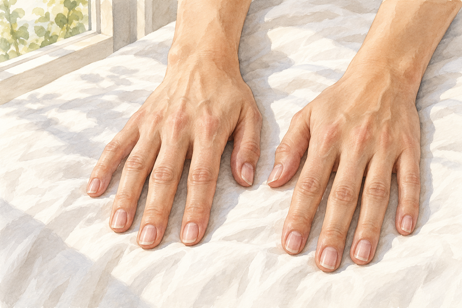 Two open natural hands show all ten bare nails on a white sheet near a window.