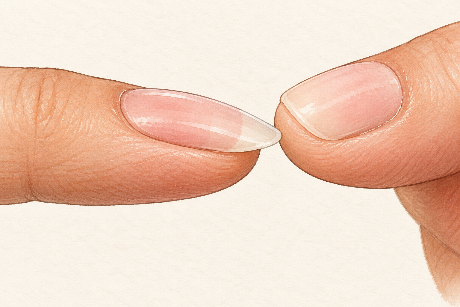 A natural fingernail flexes slightly under gentle thumb pressure, viewed from the side.