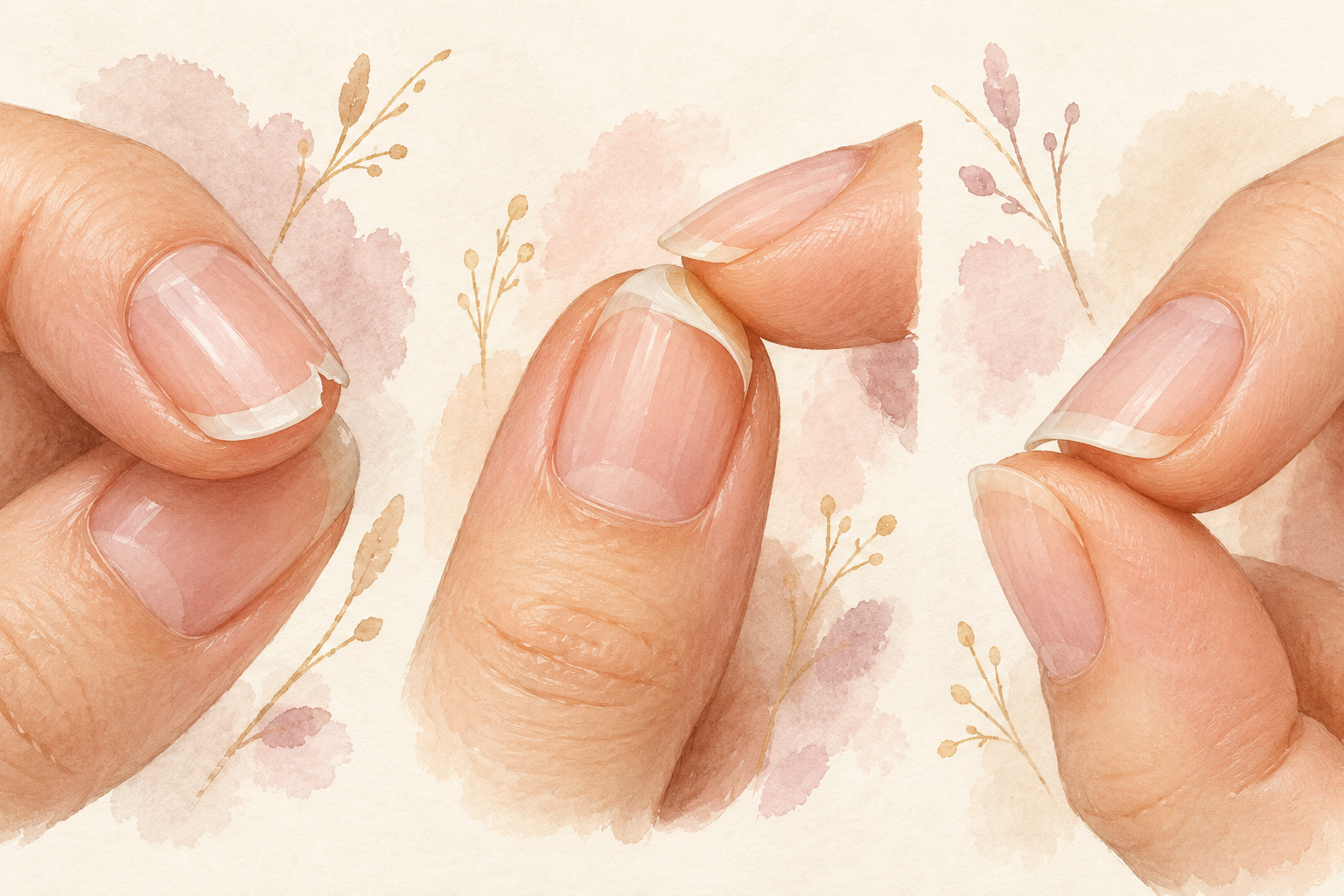 Three natural nail tips show a small free-edge snap, gentle peeling, and a slight bend without injury.