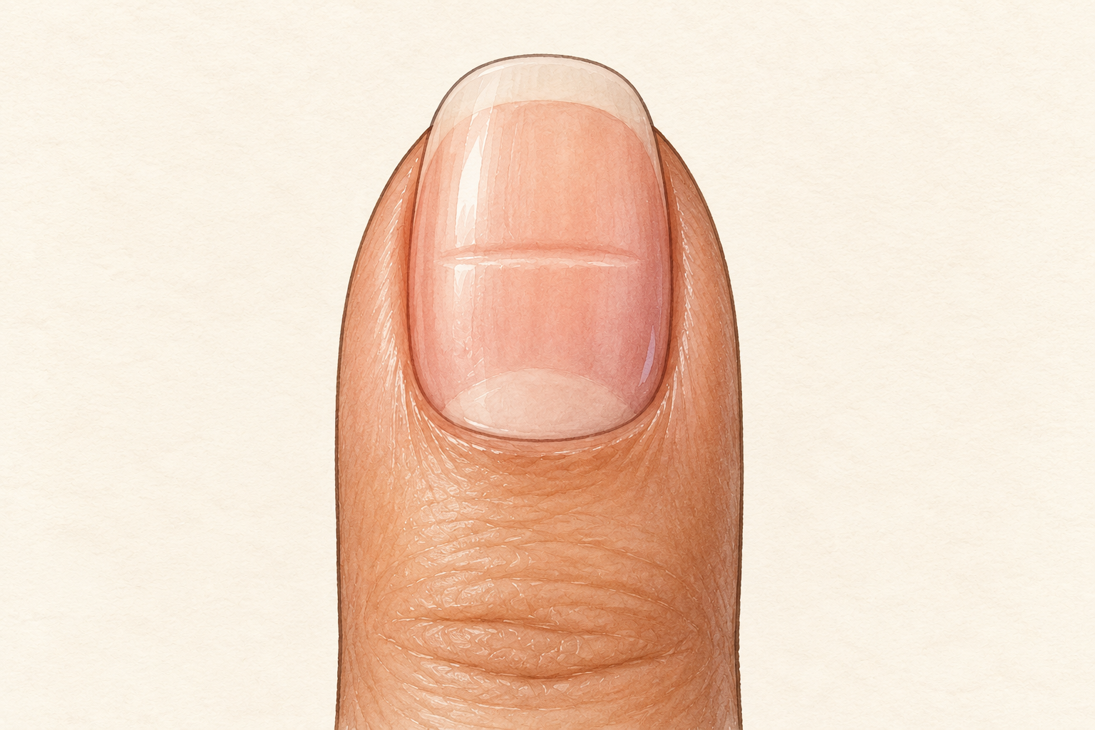 A single faint horizontal dent crosses a bare natural nail under soft light.