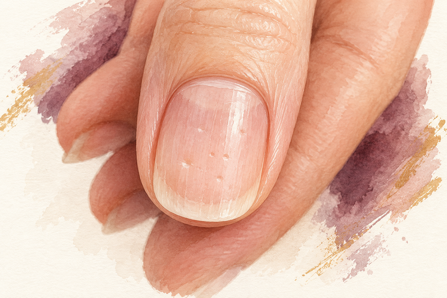 A bare natural nail shows a few tiny shallow pits and dents.
