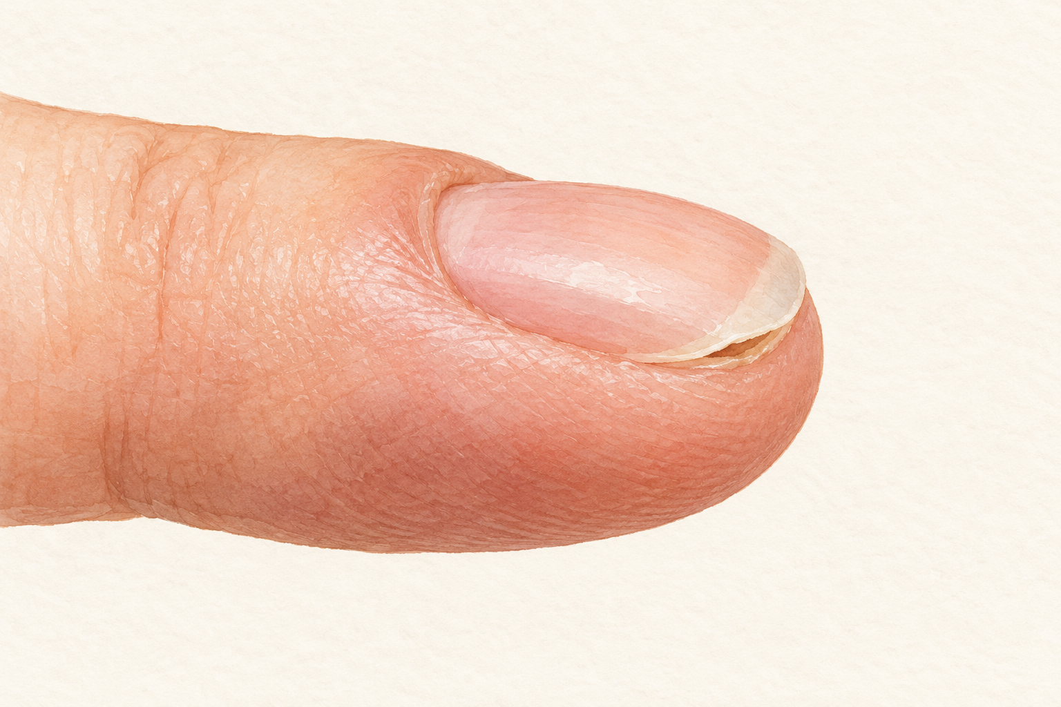 A natural nail has a small pale gap beneath its distal free edge, with surrounding skin intact.