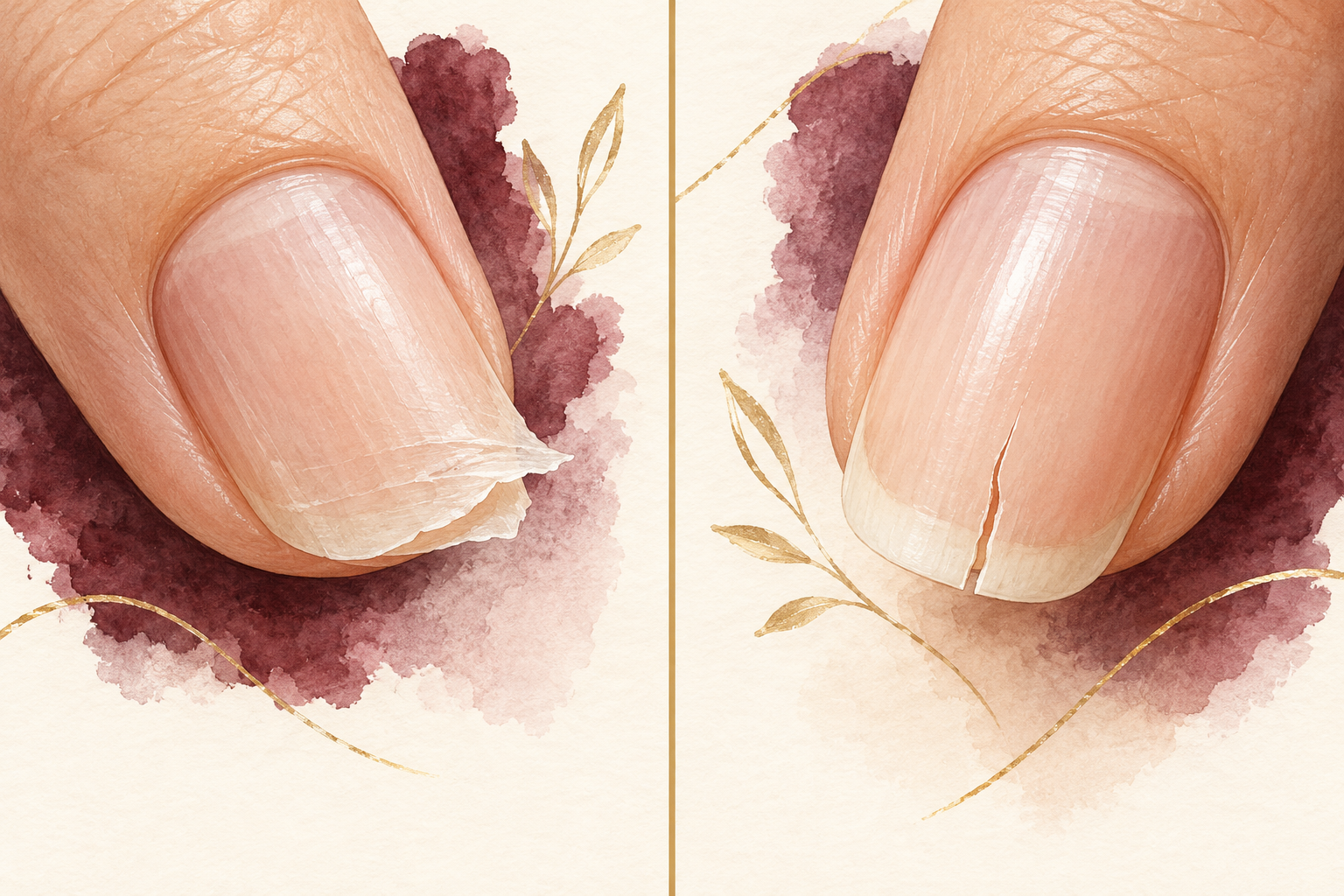 Two panels show a thin nail layer peeling at the edge and a narrow crack running inward from another free edge.