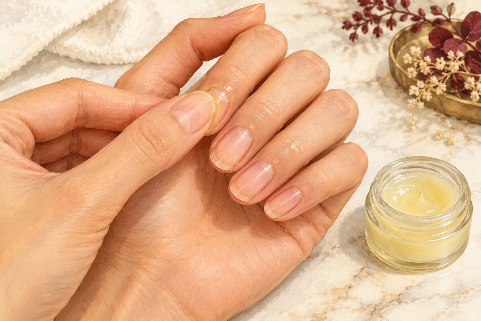 A thumb spreads clear balm over the bare nails of the other hand beside an open jar.