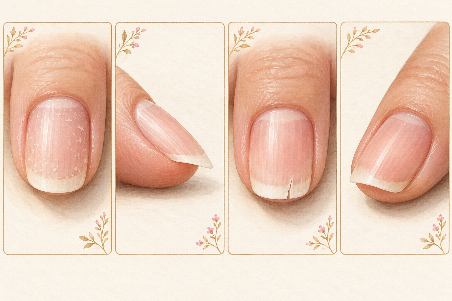 Four close views show a flaky nail surface, a thin-looking natural nail in side view, a small split at the white tip, and a slight lift at the distal edge.