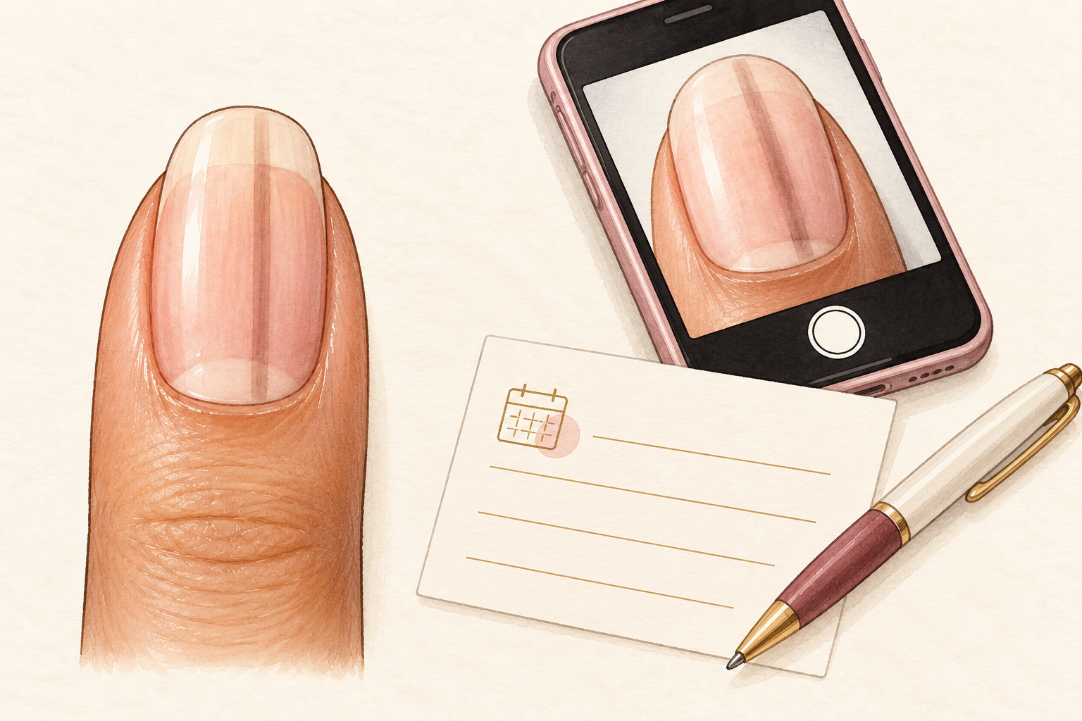 A natural nail with one subtle dark stripe sits beside a phone camera and a blank appointment card.
