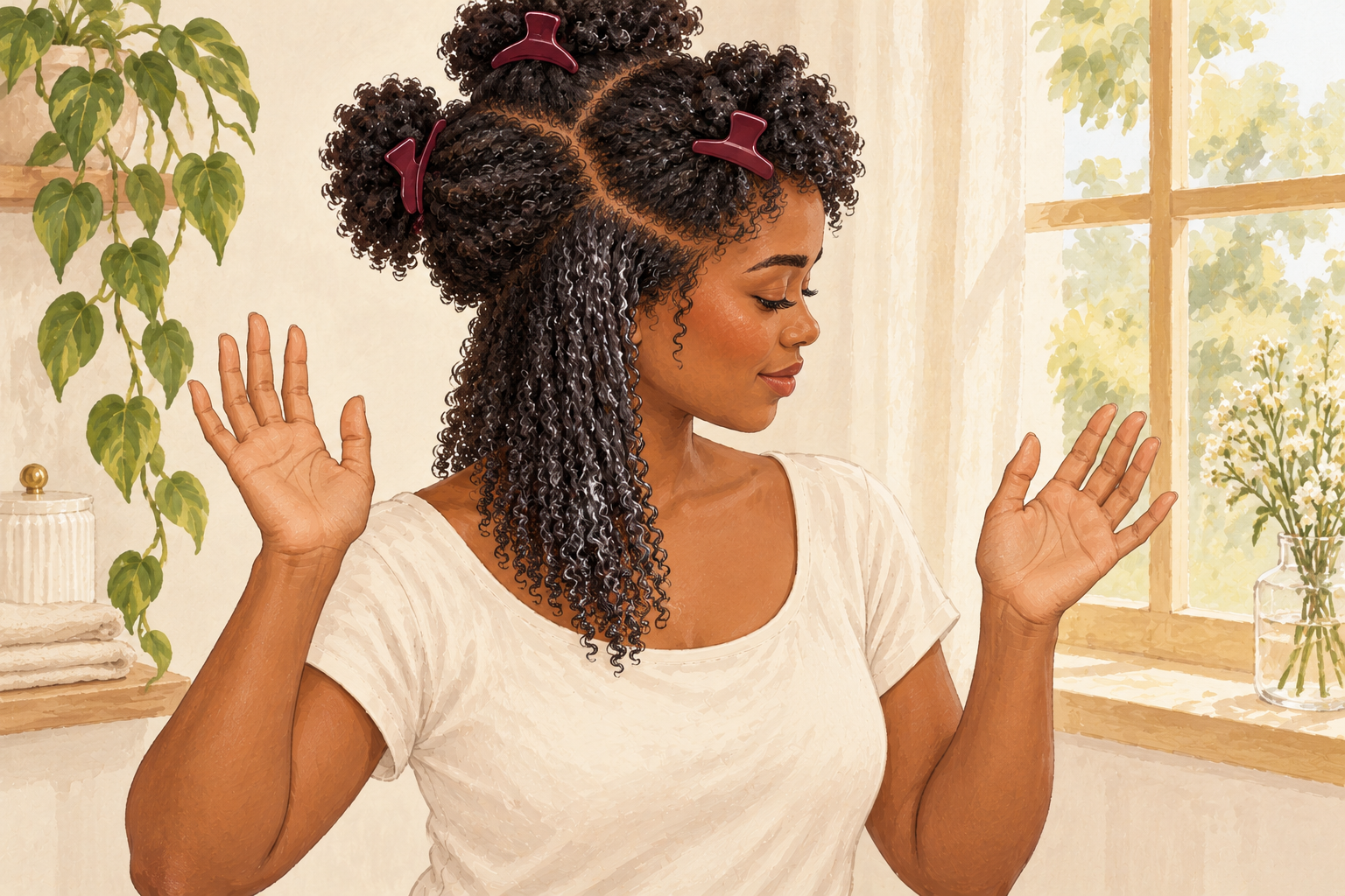 A woman holds her open hands away from her drying curls beside a softly lit window.